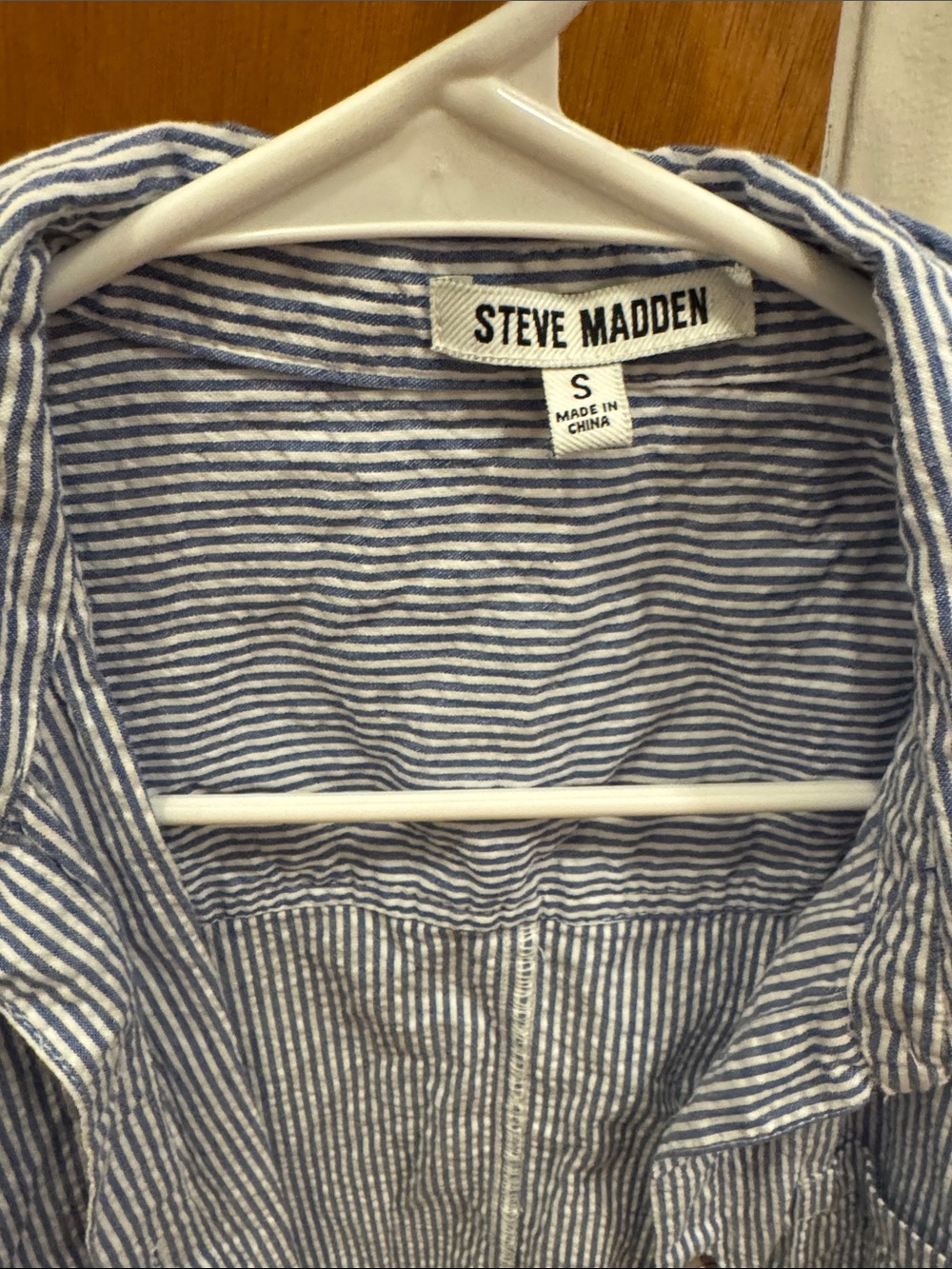 Steve Madden Women’s Blue & White Striped Ruffle Hem Button-Up Top - Picture 2 of 3